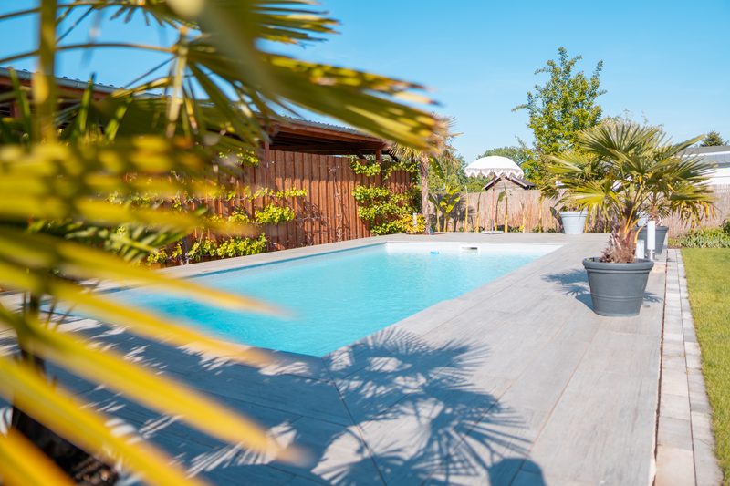 Fertiggestellter Pool mit Terrasse und Bepflanzung – Aqua Eleganz in Jeßnitz